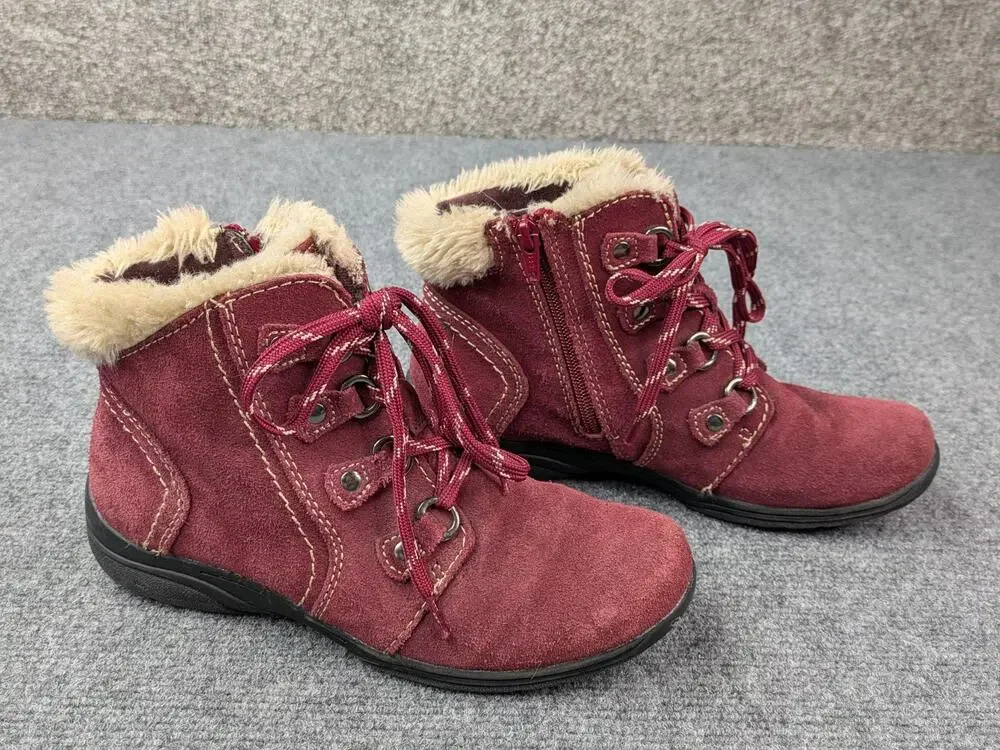 Earth Origins Boots Womens 8 Red Crowley Leather Faux Fur Ankle Zip Lace Up